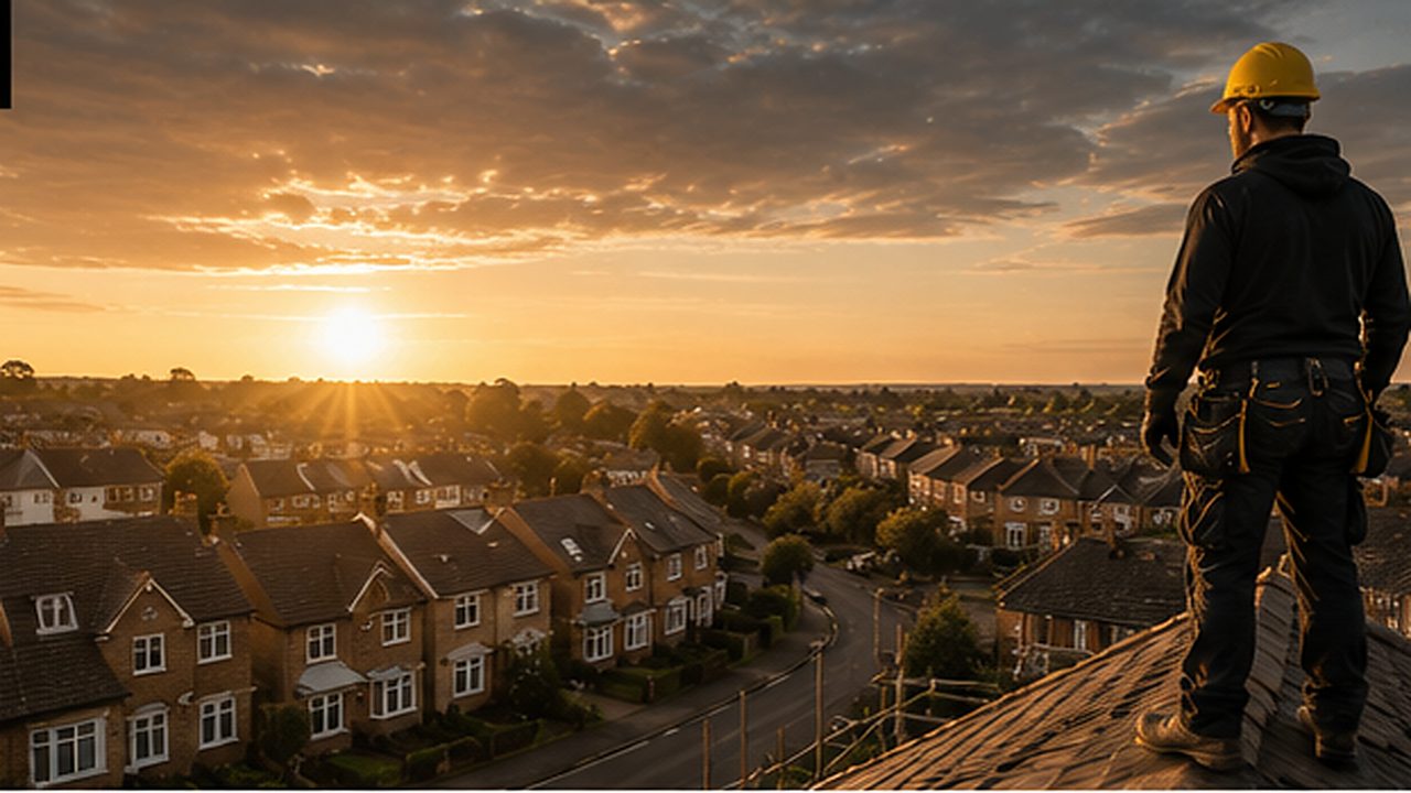 Roofer standing on a UK rooftop overlooking a residential street at golden hour