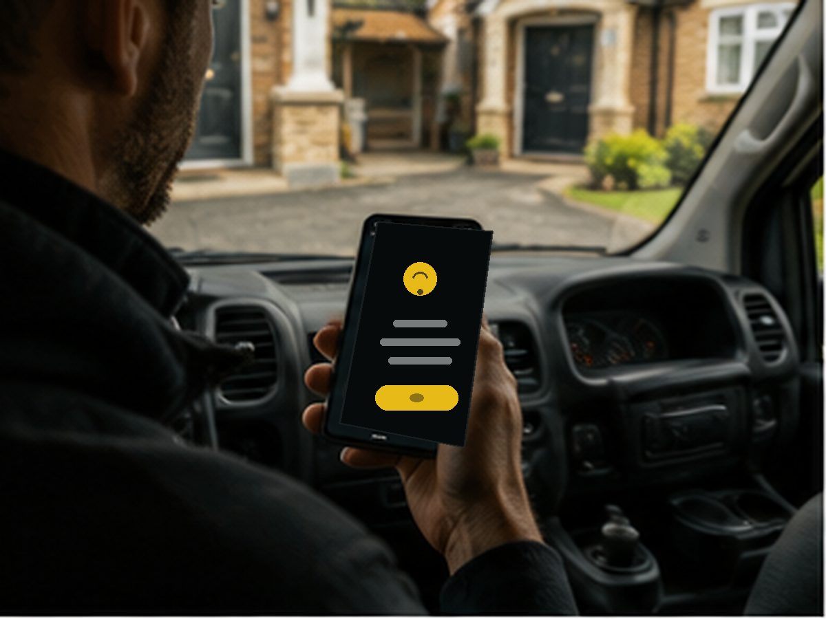 Tradesperson checking a new customer enquiry on a phone in their van
