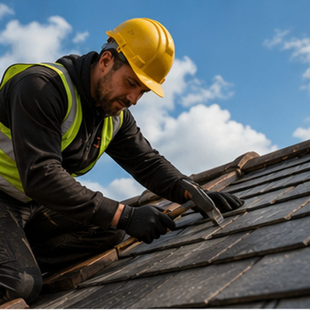 Roofer in hi-vis fixing tiles on a pitched roof