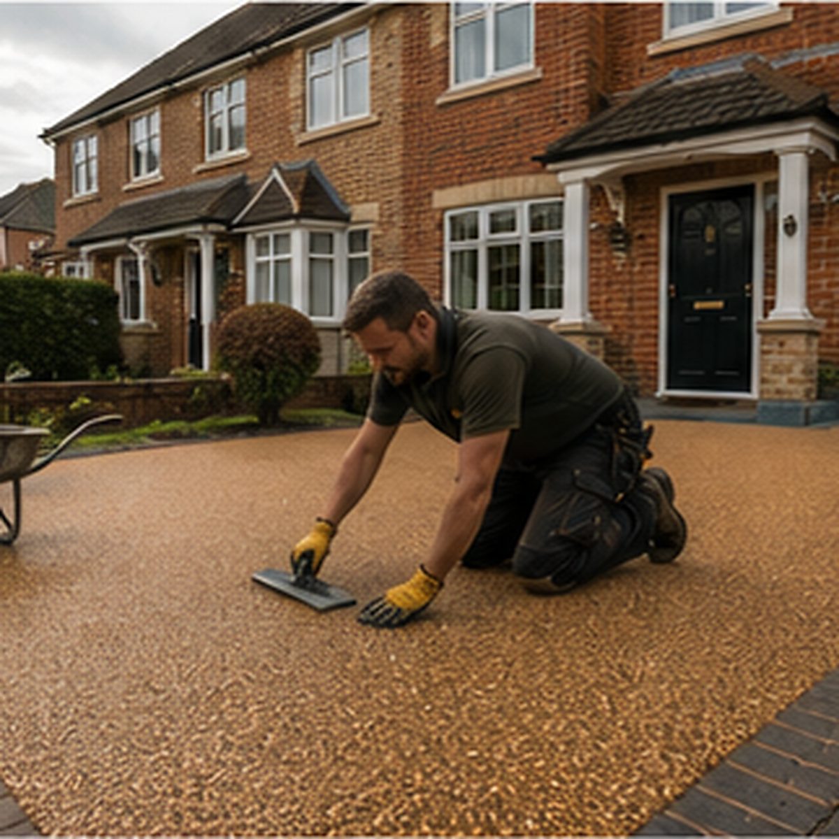Installer laying a resin driveway outside a UK home