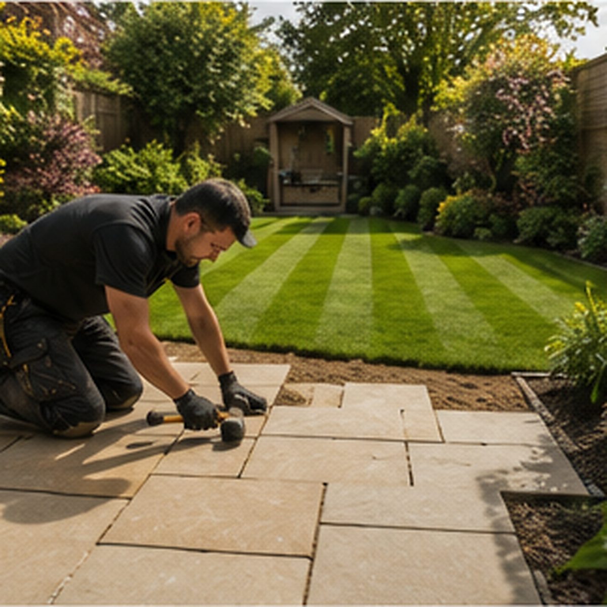 Landscaper laying patio paving in a lush British garden