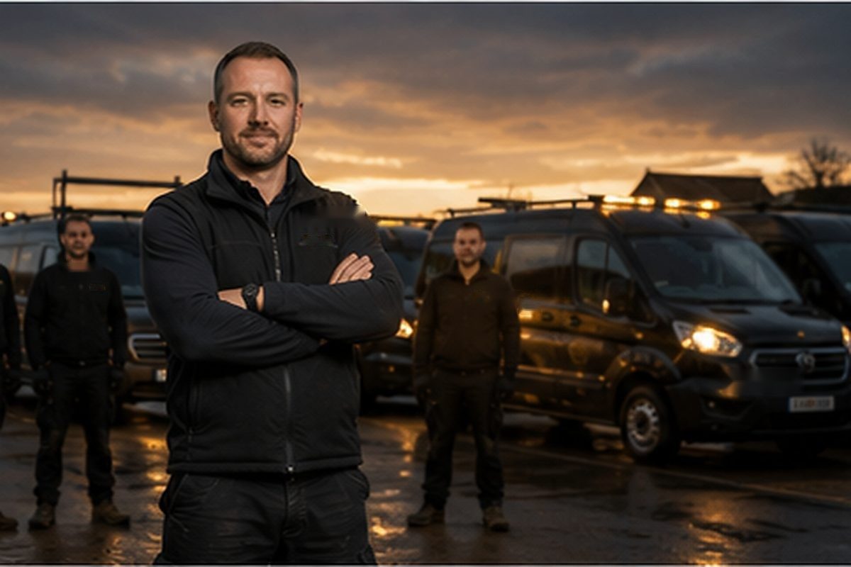 Proud roofing company owner standing in front of branded work vans and crew at dusk