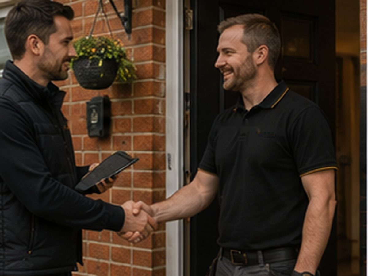 Hammerdown team member shaking hands with a tradesperson on a doorstep