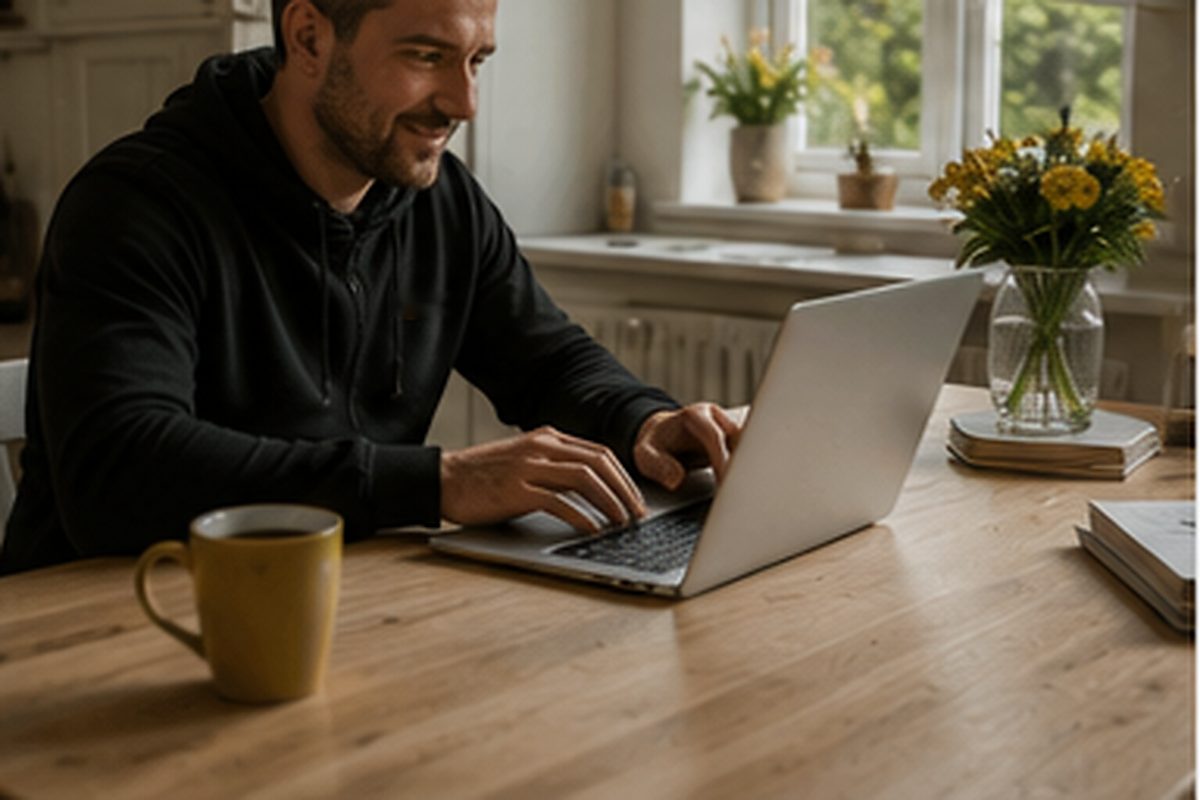 Tradesperson calmly completing an application on a laptop at home
