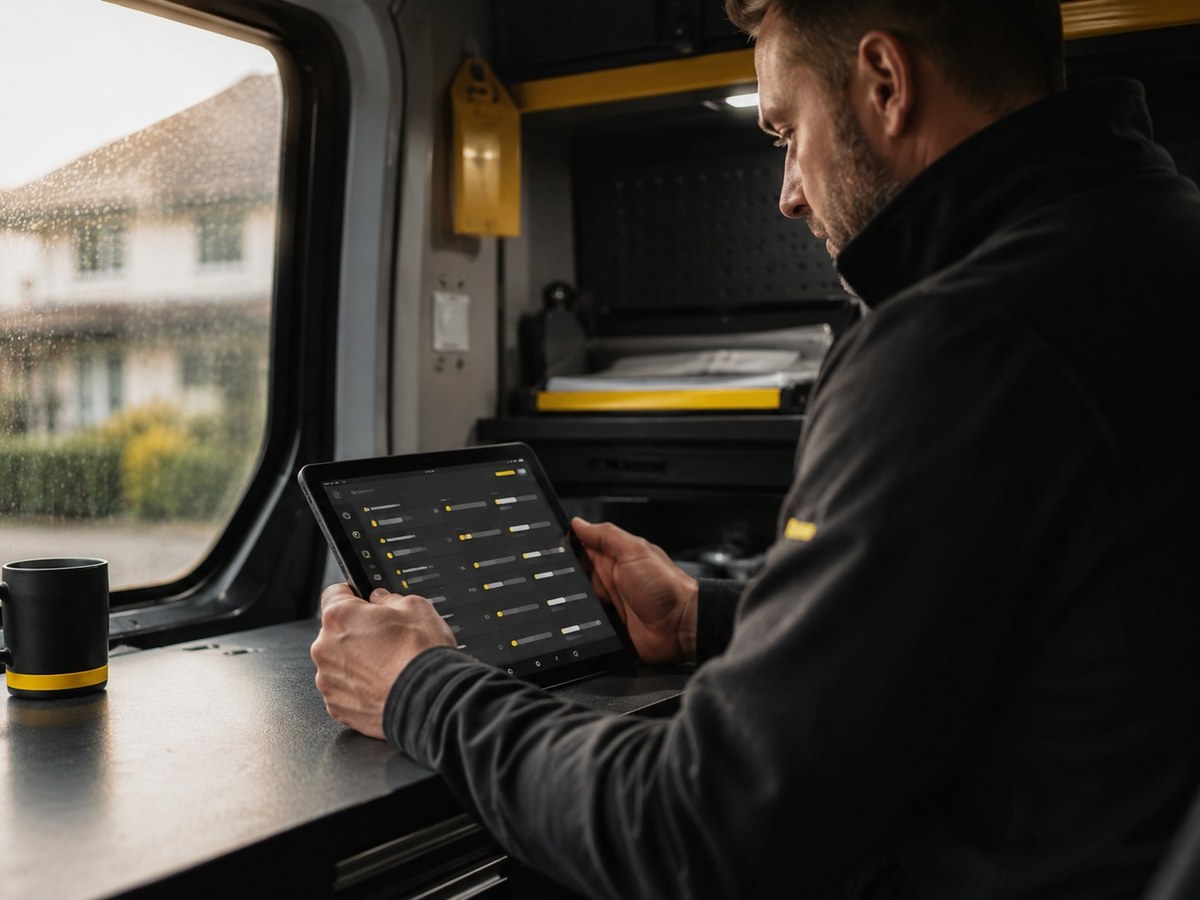 A tradesperson reviewing enquiries on a tablet