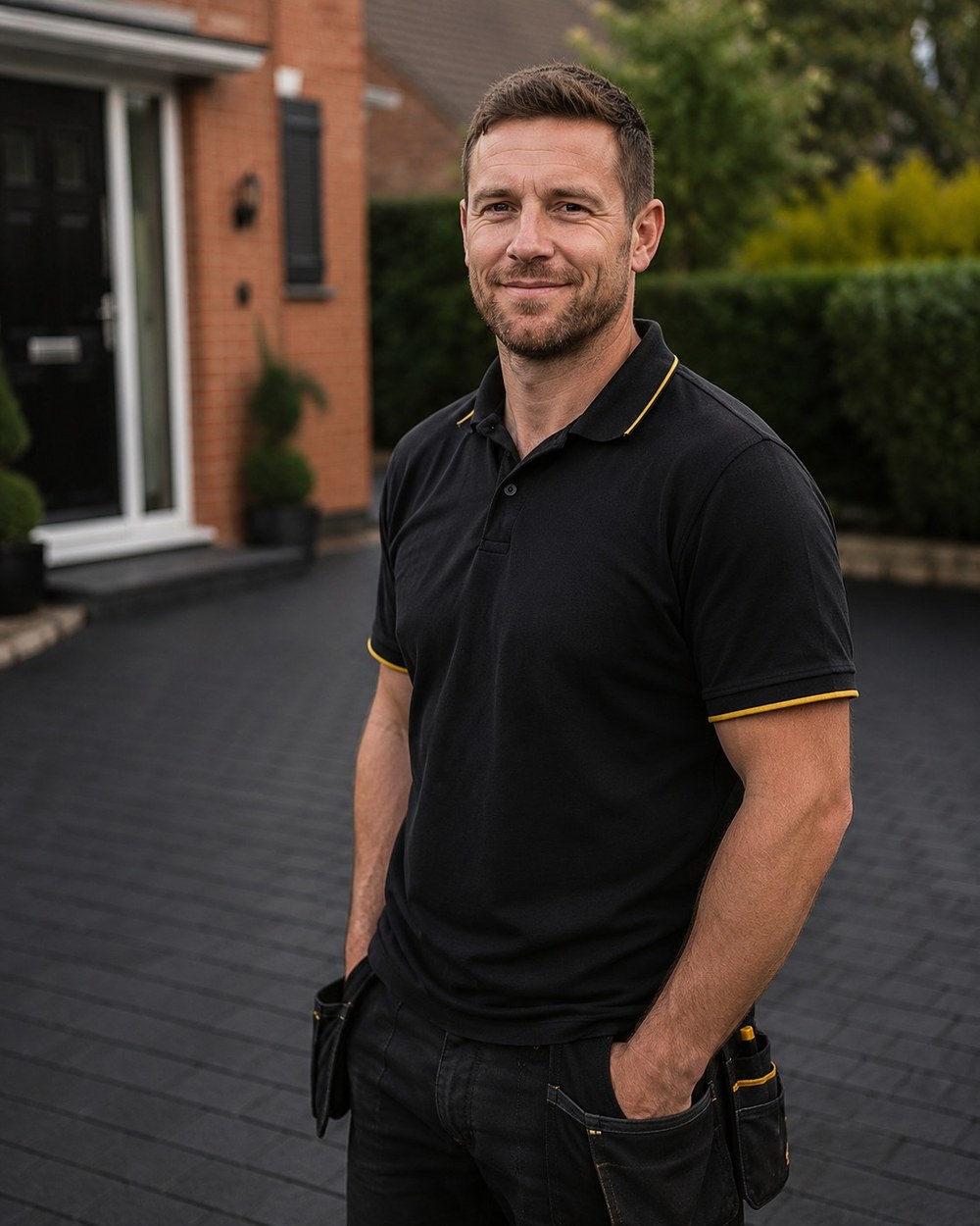 Dan, owner of Premier Driveways, beside a finished resin driveway