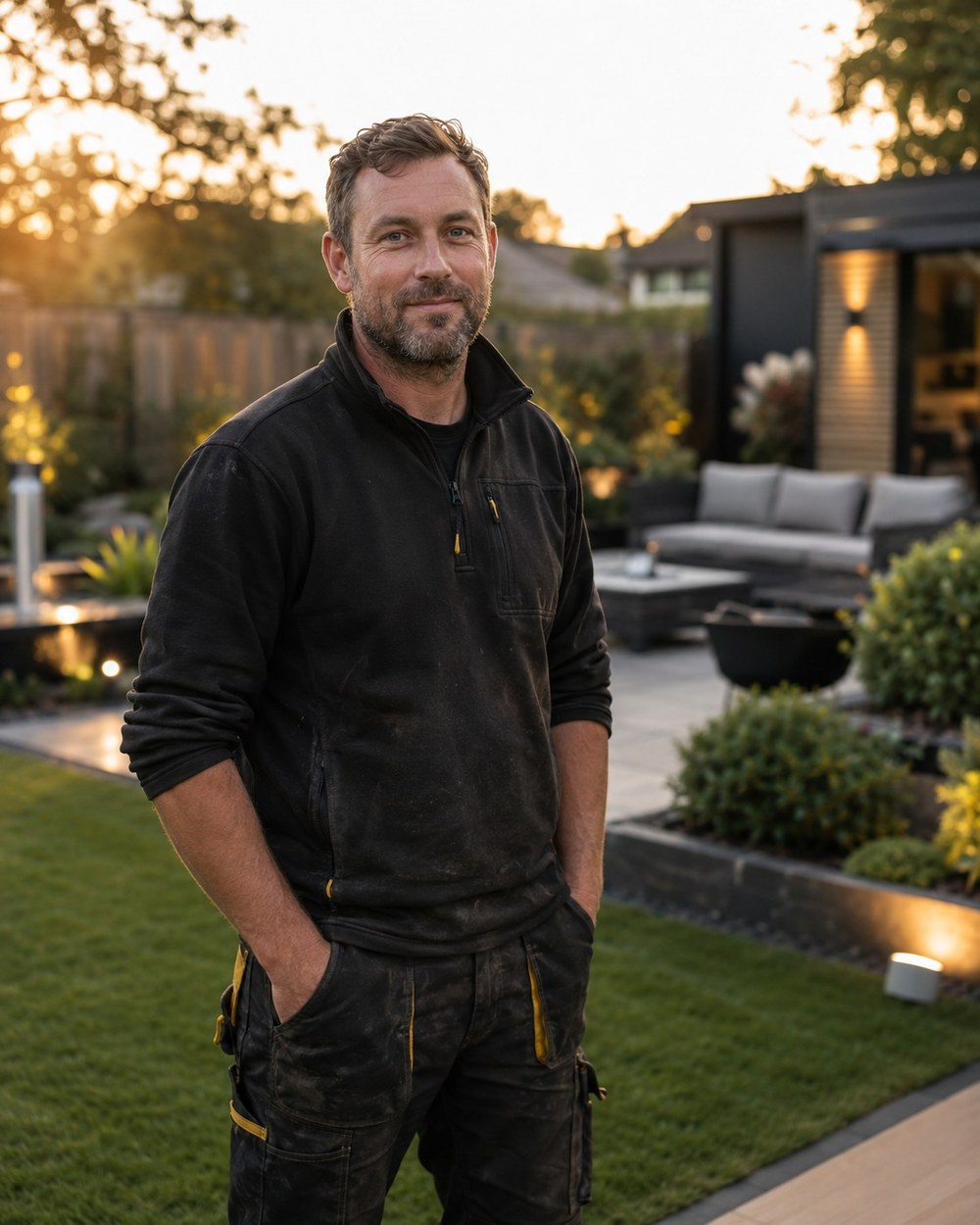 Steve, owner of SL Landscapes, in a finished garden project