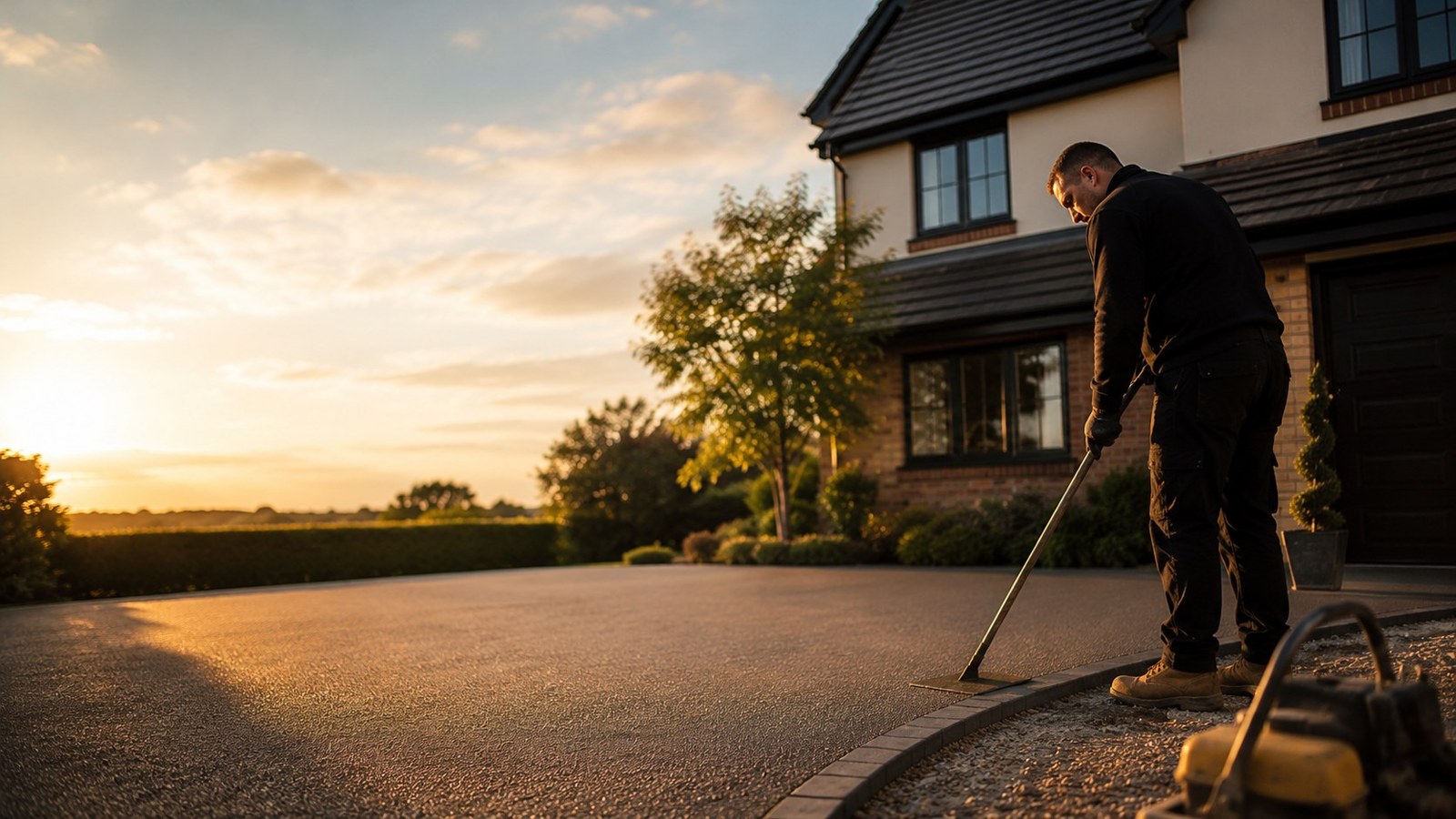 Installer finishing a resin driveway at a UK home