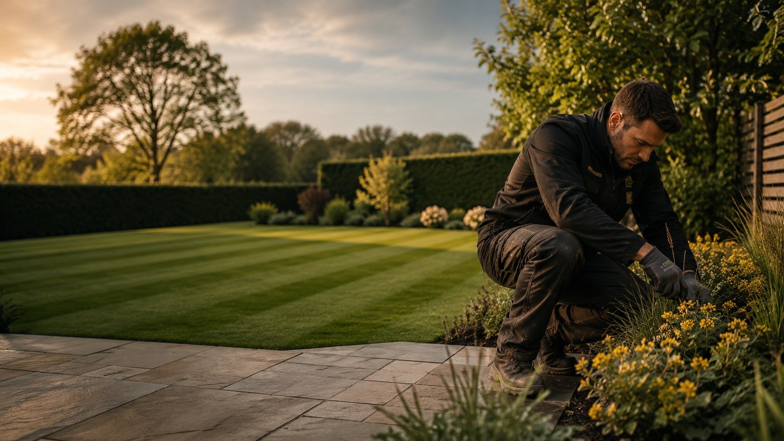 Landscaper in a finished British garden