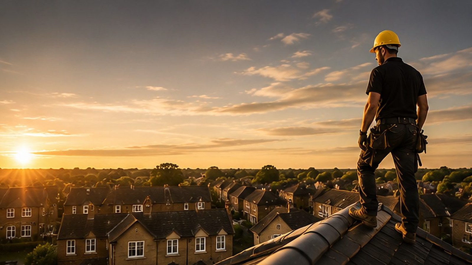 Roofer on a UK rooftop at golden hour