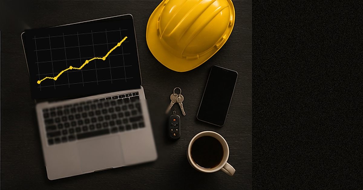 Marketing for trades: laptop, hard hat and rising leads graph