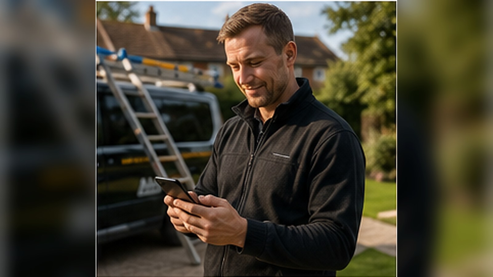 Roofer reviewing new customer enquiries on a phone outside a UK home