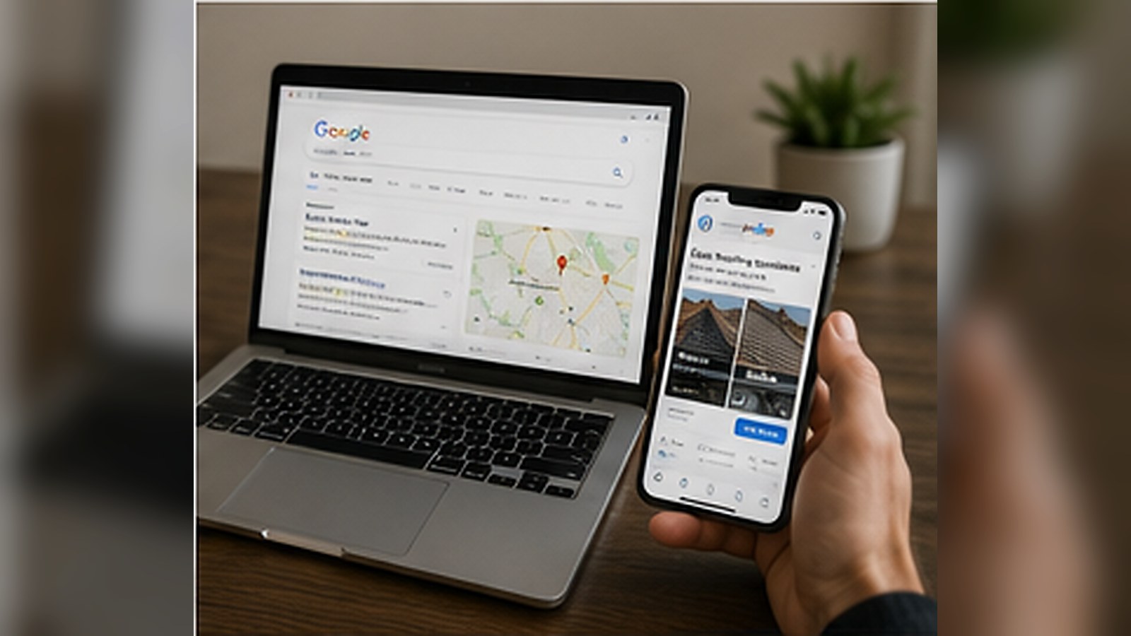 Google search results and a Facebook feed shown side by side on screens